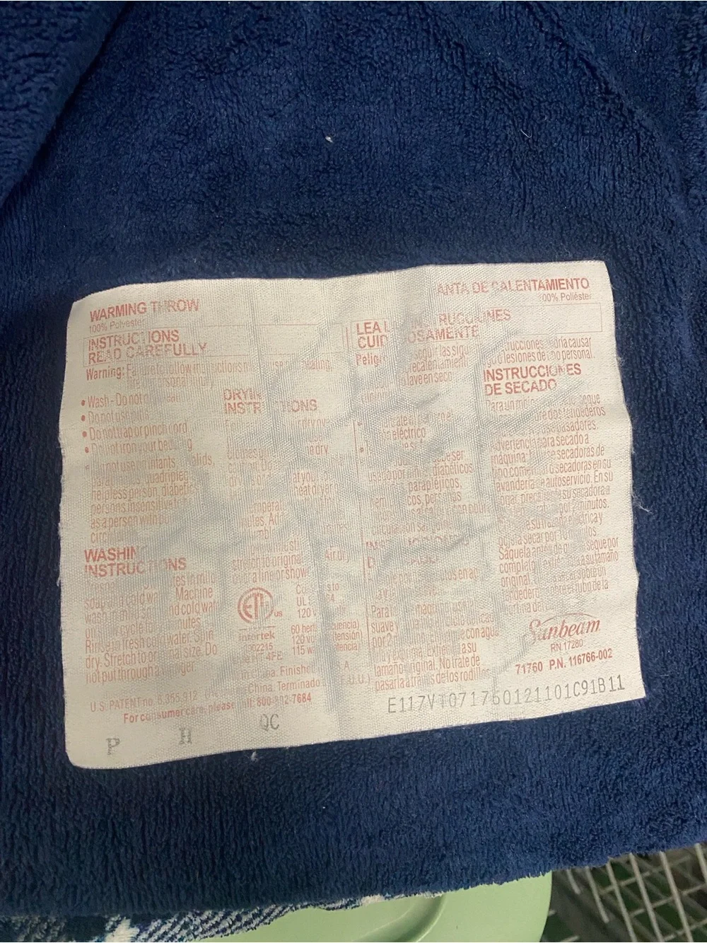 Sunbeam Navy Blue Warming Throw